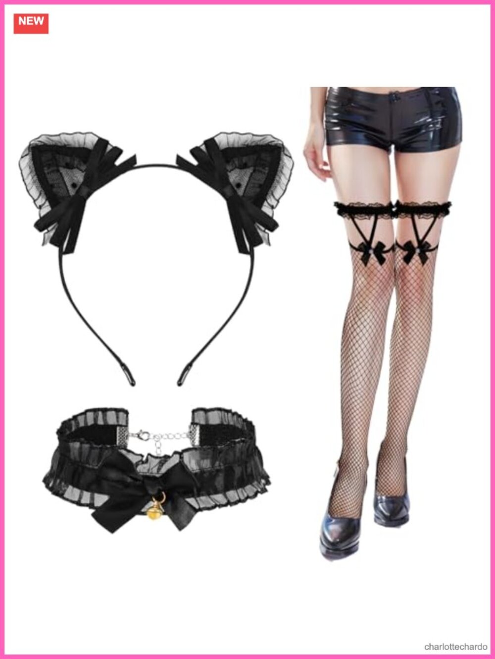 Sexy Cat Costume Accessory Set Ears Headband Choker Fishnet Stockings Cosplay